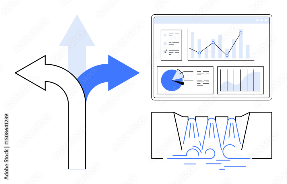 Poster arrows showing choices, data graphs on monitor, and bridges representing workflow. ideal for analyti