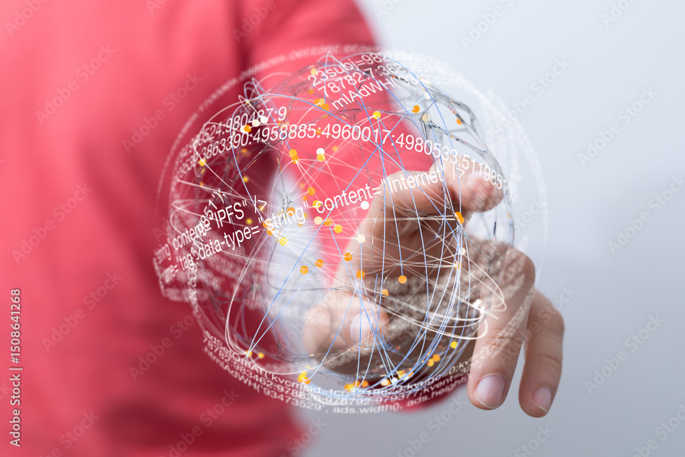 Poster abstract image of a hand interacting with a digital globe representing internet connectivity and dat