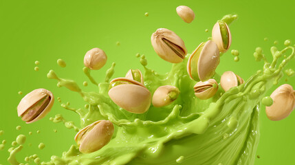 Dynamic Splash of Pistachios in Green Cream – Food Advertising Concept with Vivid Background

