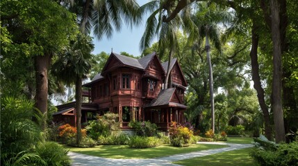 Vintage wooden house surrounded by lush greenery and tropical plants