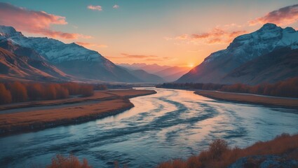 Obraz premium Sunset landscape over a river meandering through the mountains. Features blank space available for text.