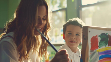 Joyful Creative Moment, Female Teacher and Young Child Painting Together at Easels in Bright Art Classroom, Close-Up with Brushes