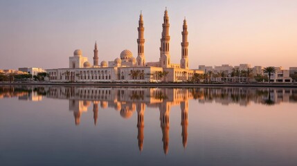 Serene Reflection of Mosque at Sunrise with Tall Minarets and Water