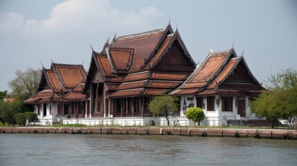 Fototapeta premium Traditional Thai Architecture of Ancient Temple by Waterway Landscape