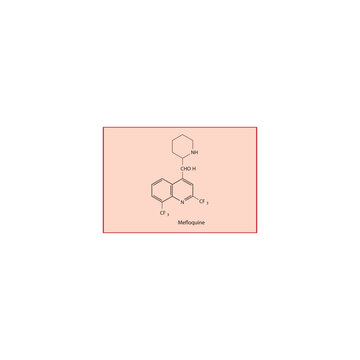 Mefloquine molecule molecular structure, antimalarial compound skeletal formula, simple diagram illustration