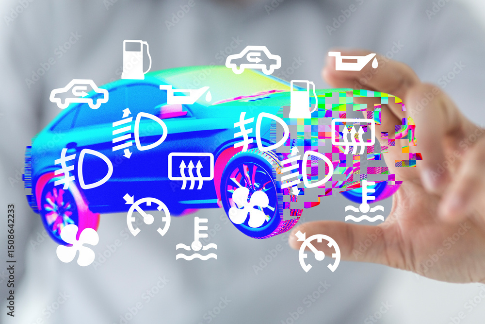 Aufkleber Stock photo of a hand interacting with a digital car dashboard displaying various warning lights and indicators.