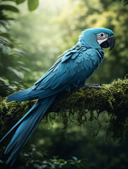 Obraz premium Hyacinth macaw perching on mossy branch in lush rainforest