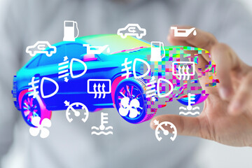 Stock photo of a hand interacting with a digital car dashboard displaying various warning lights...