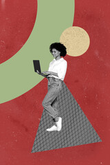 Vertical poster art photo collage of happy businesswoman businessman stand geometric figure...