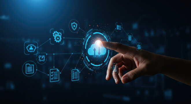 Cloud Technology Integration: Digital hand accessing cloud services, enhancing security, file management, and collaboration on a data network.