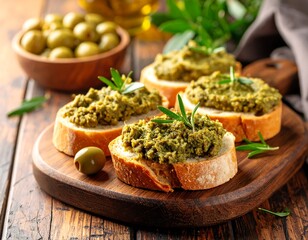 Olive tapenade on toasted baguette slices, garnished with rosemary sprigs, presented on a wooden board