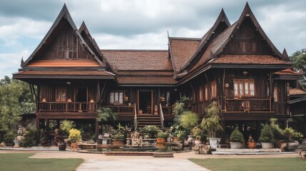Fototapeta premium Traditional Wooden Thai House Surrounded by Lush Greenery and Gardens