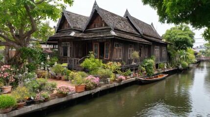 Obraz premium Traditional Thai wooden house along serene canal with gardens