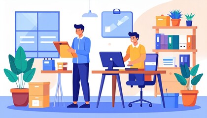 Two Businessmen Working In A Modern Office Illustration