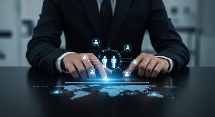 Business professional manages global network using tablet, connecting people in online networking through technology