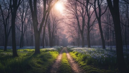 Fototapeta premium Spring Forest illuminated by the bright sun. A path in the forest