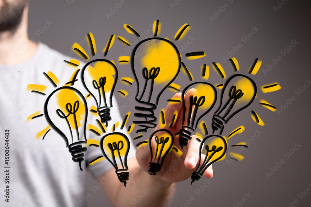Poster image of a person holding many bright lightbulb ideas. perfect for innovation, creativity, and brain