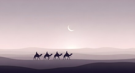 Fototapeta premium Camel Caravan Silhouette in Desert Moonlight: A Tranquil Night Journey