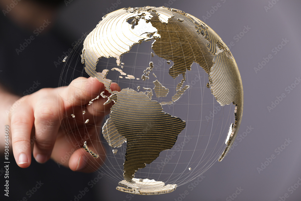 Fototapete Abstract image of a hand interacting with a 3D model of the Earth, representing global connections and networking.