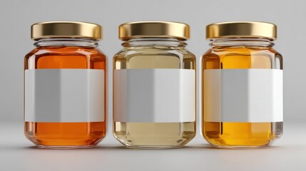 Three glass jars filled with different colored liquids and blank labels.