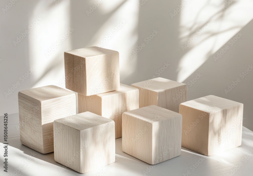 Poster a stack of wooden blocks with a white background. the blocks are arranged in a pyramid shape, with t