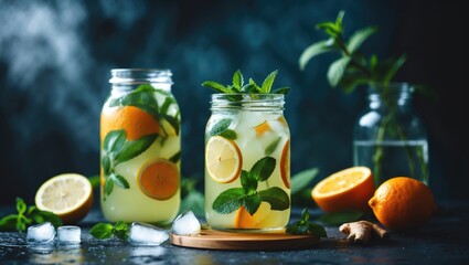 Fototapeta premium Fresh Lemonade With Mint, Ginger, Orange And Ice In Glass Jar with Empty Copy Space for Text
