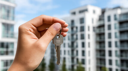 Close-up of hand holding apartment keys, white modern building in background. Realistic photo,...