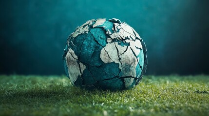 Fototapeta premium A broken soccer ball with a globe on top of it. The globe is cracked and the ball is missing pieces. Concept of destruction and loss, as the soccer ball, which is a symbol of unity and teamwork