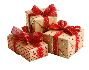 Three Beautifully Wrapped Gift Boxes with Red Ribbons on Transparent Background Isolated