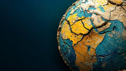 Fototapeta premium A broken globe with a blue background. The globe is cracked and has a yellow and blue color scheme