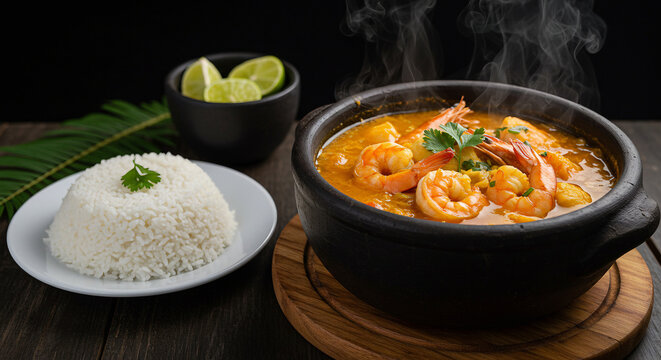 Moqueca baiana com peixe e camar&atilde;o servida em panela de barro fumegante com arroz e pir&atilde;o ao lado