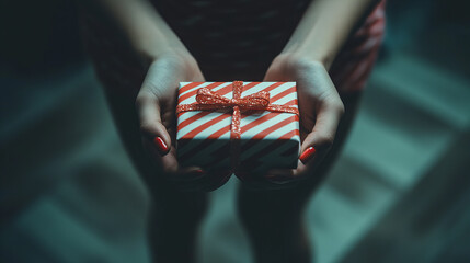 Hands holding a small red and white striped gift box tied with a glittery ribbon, perfect for holiday celebrations and festive occasions

