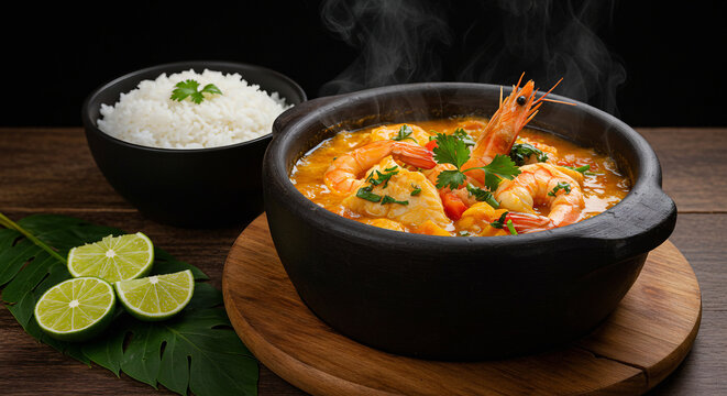 Moqueca baiana com peixe e camar&atilde;o servida em panela de barro fumegante com arroz e pir&atilde;o ao lado