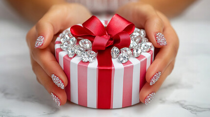Hands holding a small red and white striped gift box tied with a glittery ribbon, perfect for holiday celebrations and festive occasions

