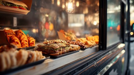 Close up of food truck window with various snacks on the roadside