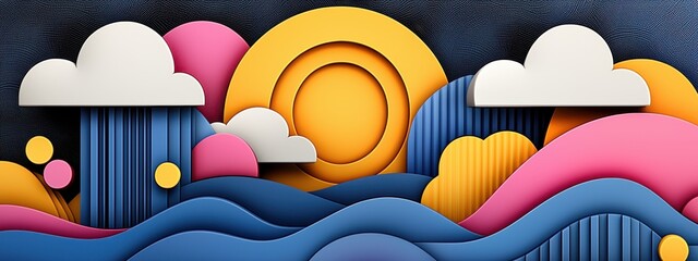 Abstract Colorful Papercut Landscape Sun, Rain, and Waves