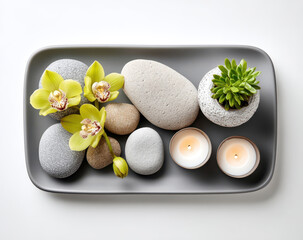 Gray decorative tray with stones, yellow orchid flowers, candles, and succulent plant