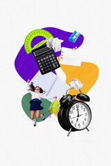 3D collage design composite sketch of young school girl jump smile notebook clock calculator plan classroom courses fall knowledge lesson