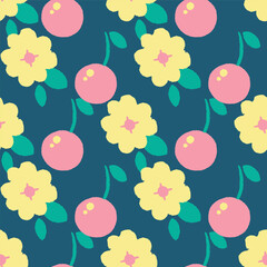 Pink cherry and flower seamless vector pattern background