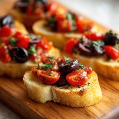 Bruschetta appetizers with tomatoes and olives on a wooden board close-up.