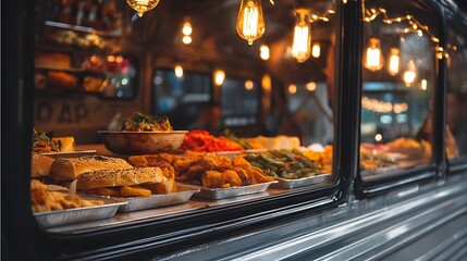 Close up of food truck window with various snacks on the roadside