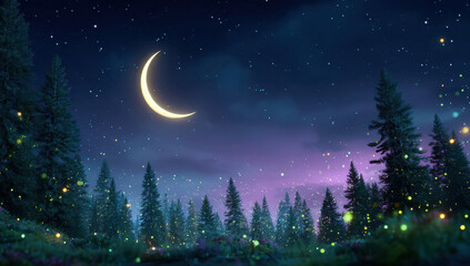 Naklejka premium Crescent moon over a serene forest under a starlit sky