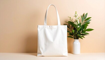 blank white canvas tote bag placed upright on beige minimalist background, soft shadows, centered composition