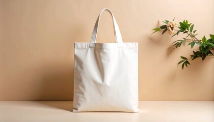 blank white canvas tote bag placed upright on beige minimalist background, soft shadows, centered composition