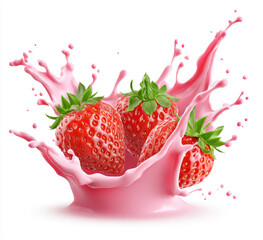 Fresh strawberries splashing in vibrant pink milk against white background