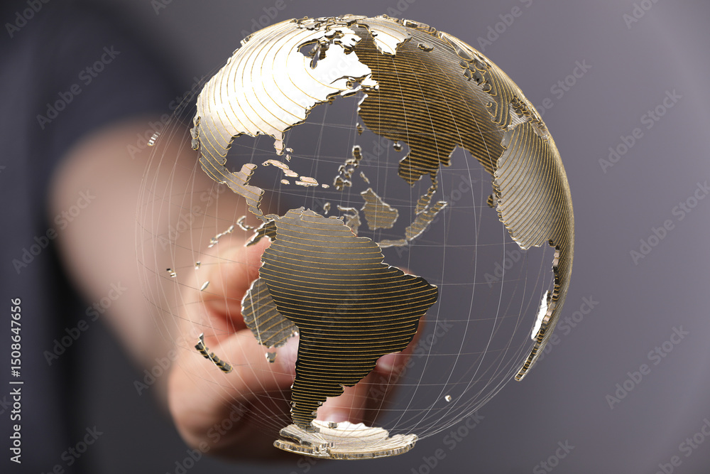 Leinwandbilder Abstract image of a hand interacting with a 3D model of the Earth, symbolizing global connectivity and networking.