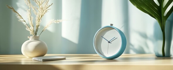 A blue clock sits on a table next to a vase of flowers. The clock is set to the time of 10:30