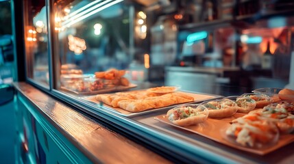 Close up of food truck window with various snacks on the roadside