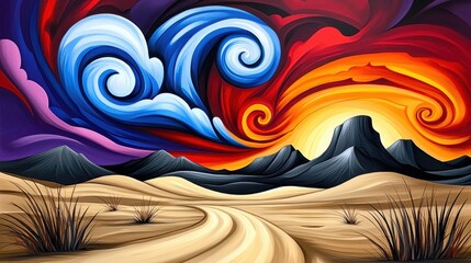 Abstract Desert Sunset with Swirling Blue and Red Clouds