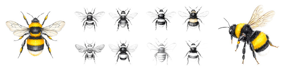 Vibrant bumblebee illustrations showcasing black and yellow stripes, featuring various angles and poses, ideal for natural history themes, educational materials, or ecological presentations.